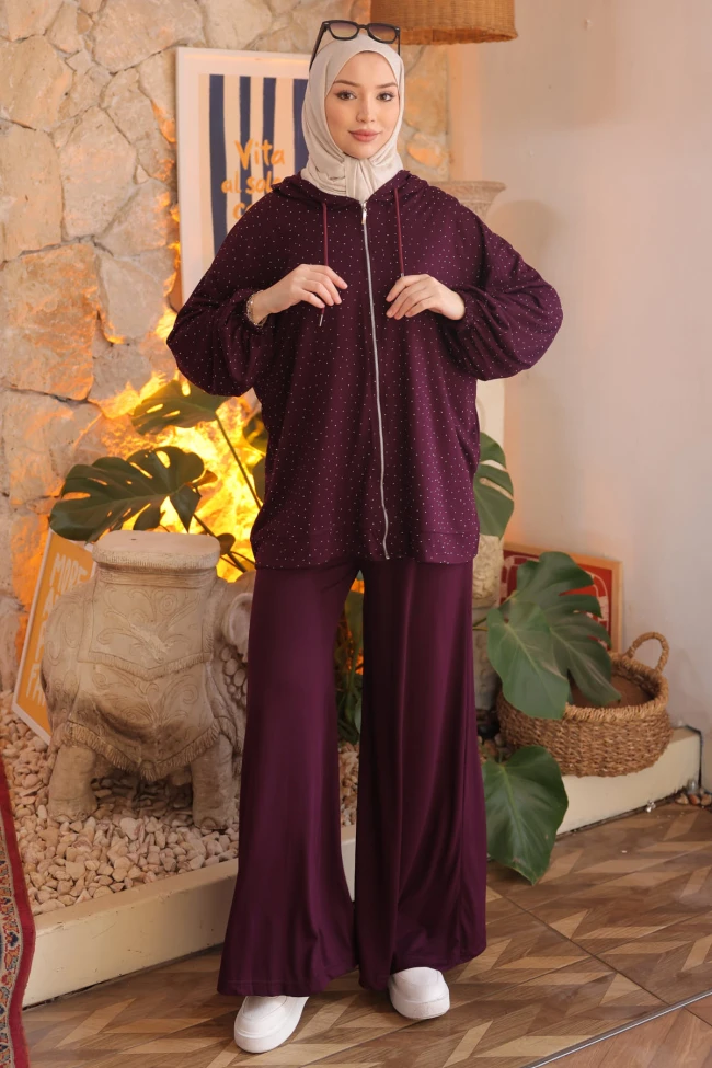 Mürdüm Taşlı Tunik Pantolonlu Modal Takım