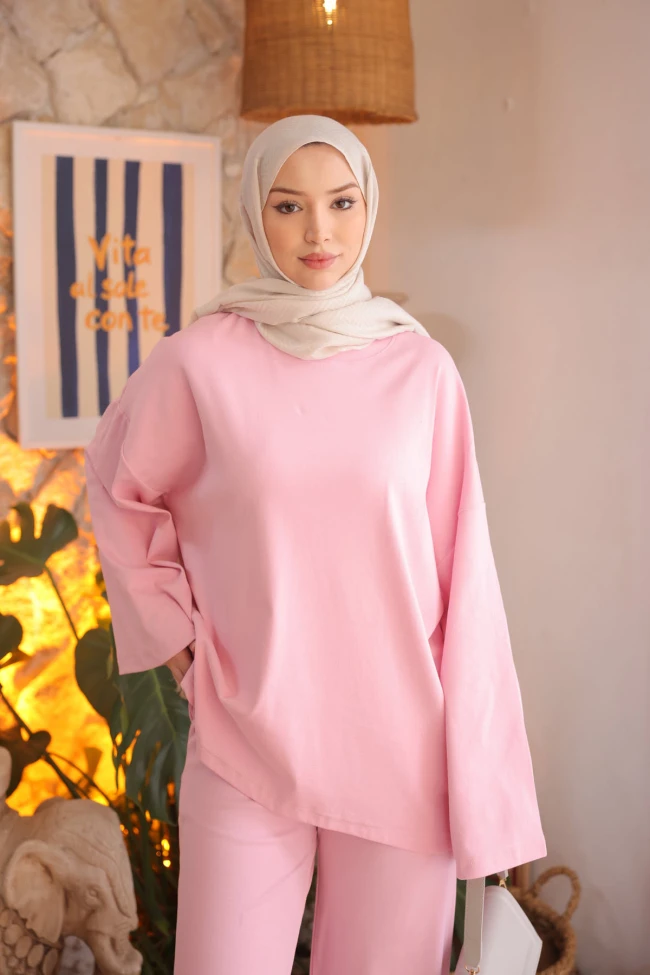 Pembe Bisiklet Yaka Sweat Pantolonlu Takım