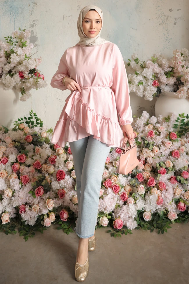 Pudra Eteği Katlı Fırfırlı Tunik