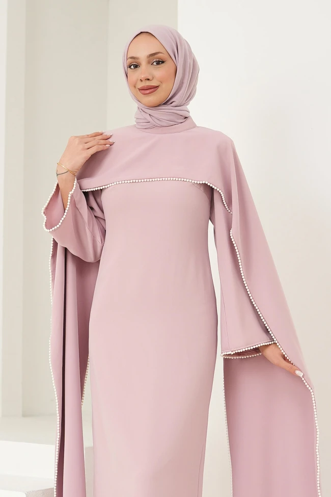 Pudra İnci Detaylı Pelerinli Abiye