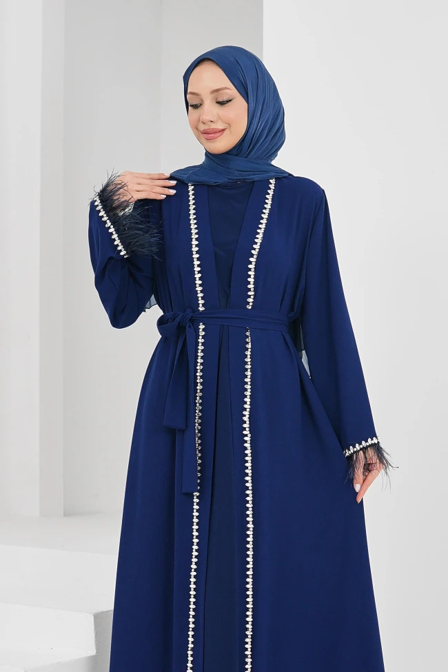 Saks Mavi Kolları Tüğlü Taş Detaylı Kuşaklı Abaya