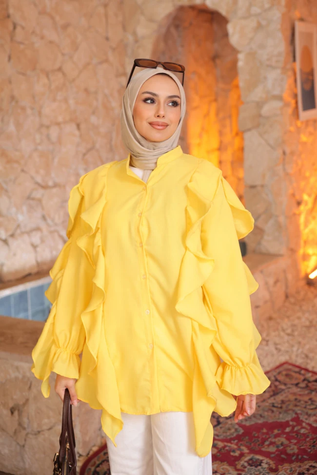 Sarı Kol Lastikli Fırfırlı Tunik