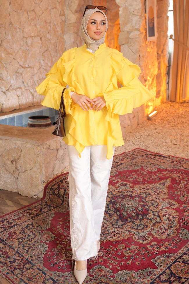 Sarı Kol Lastikli Fırfırlı Tunik
