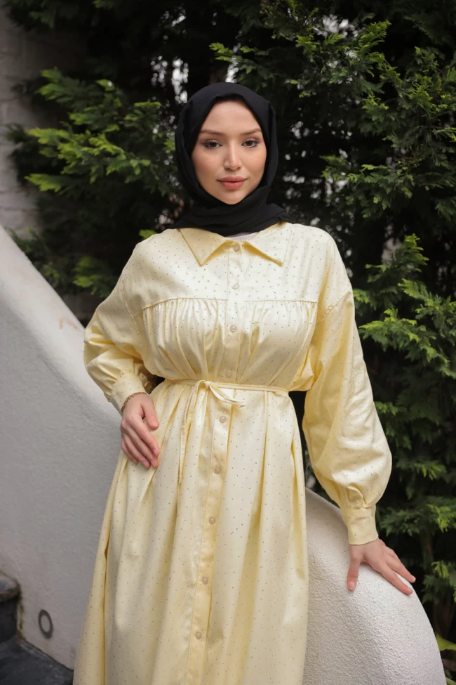 Sarı Oversize Taşlı Düğmeli Gabardin Tunik