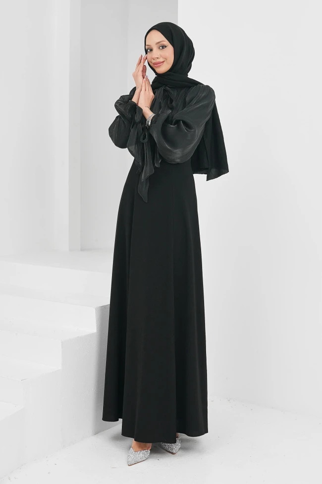 Siyah Balon Kol Taş Detaylı Abiye