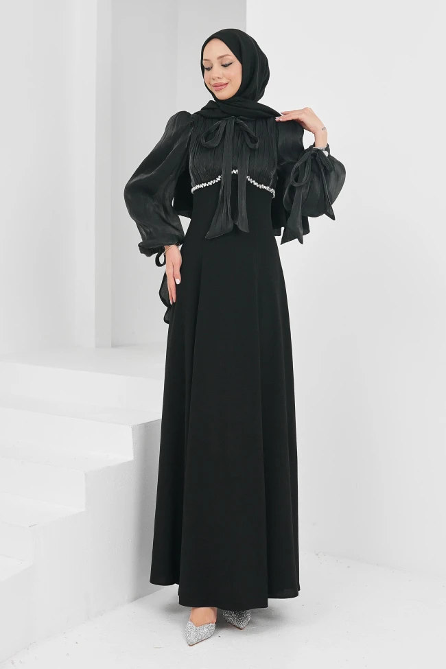 Siyah Balon Kol Taş Detaylı Abiye