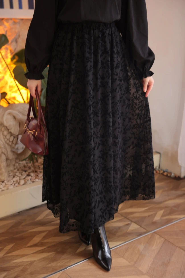 Siyah Bel Lastikli Astarlı Flok Baskılı Tül Etek