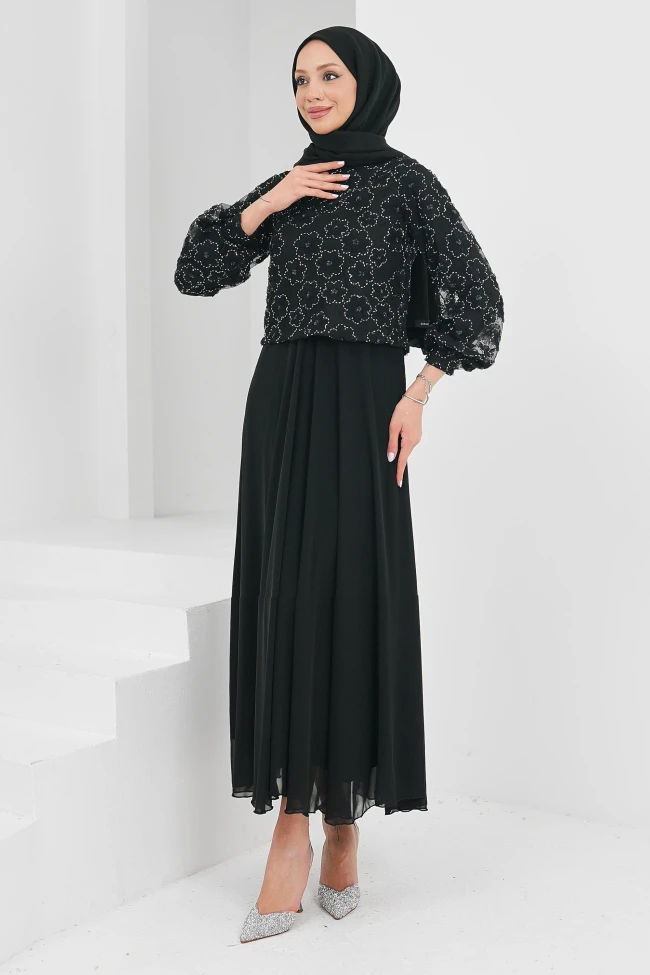 Siyah Boncuk İşlemeli Abiye