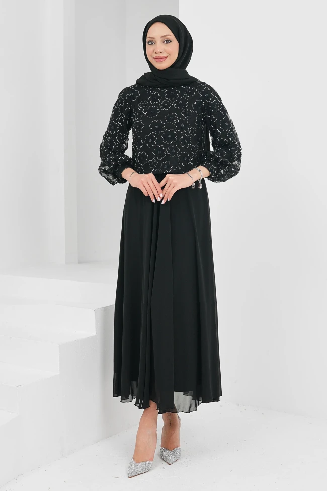 Siyah Boncuk İşlemeli Abiye