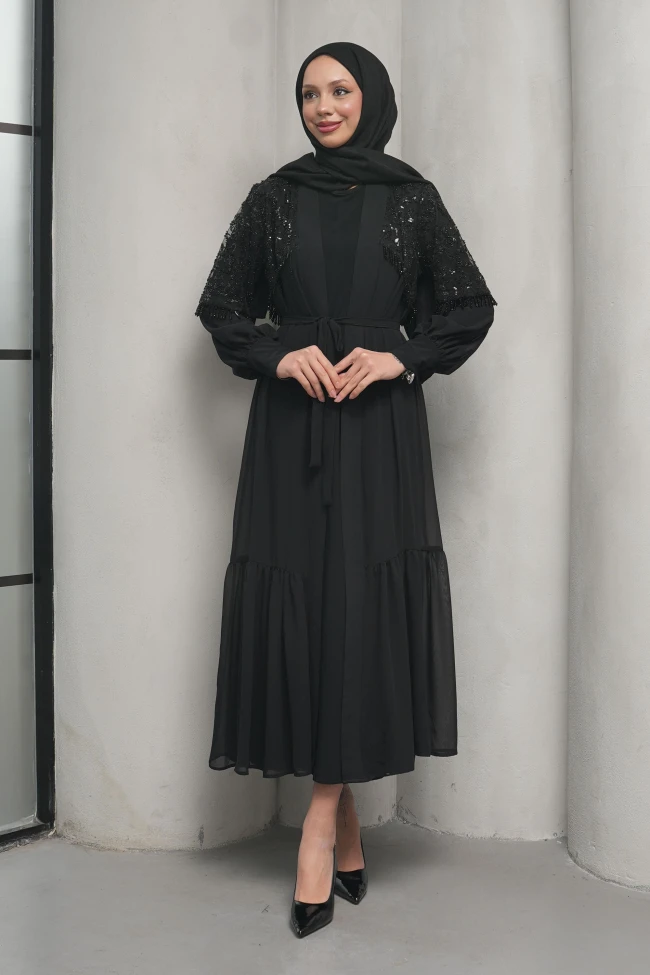 Siyah Boncuk İşlemeli İkili Abaya Takım