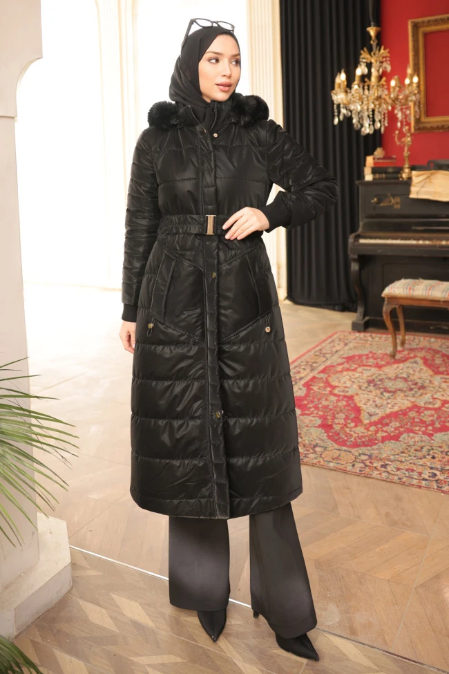 Siyah Büyük Beden Kapüşonlu Şişme Mont