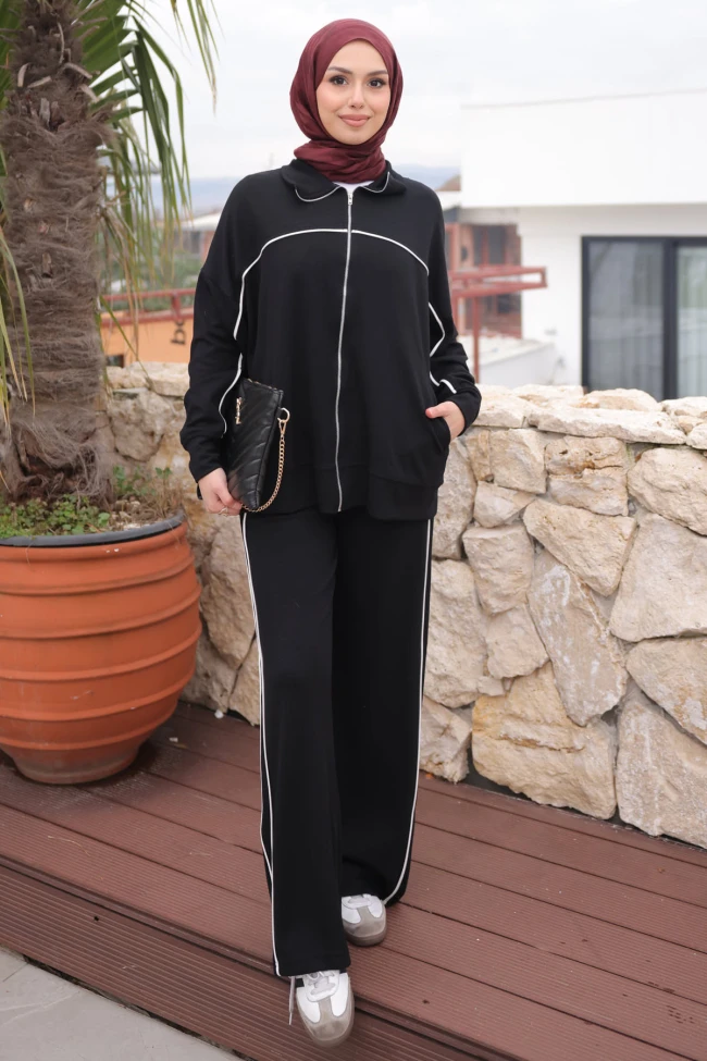 Siyah Çift Cepli Fermuarlı Biyeli Takım