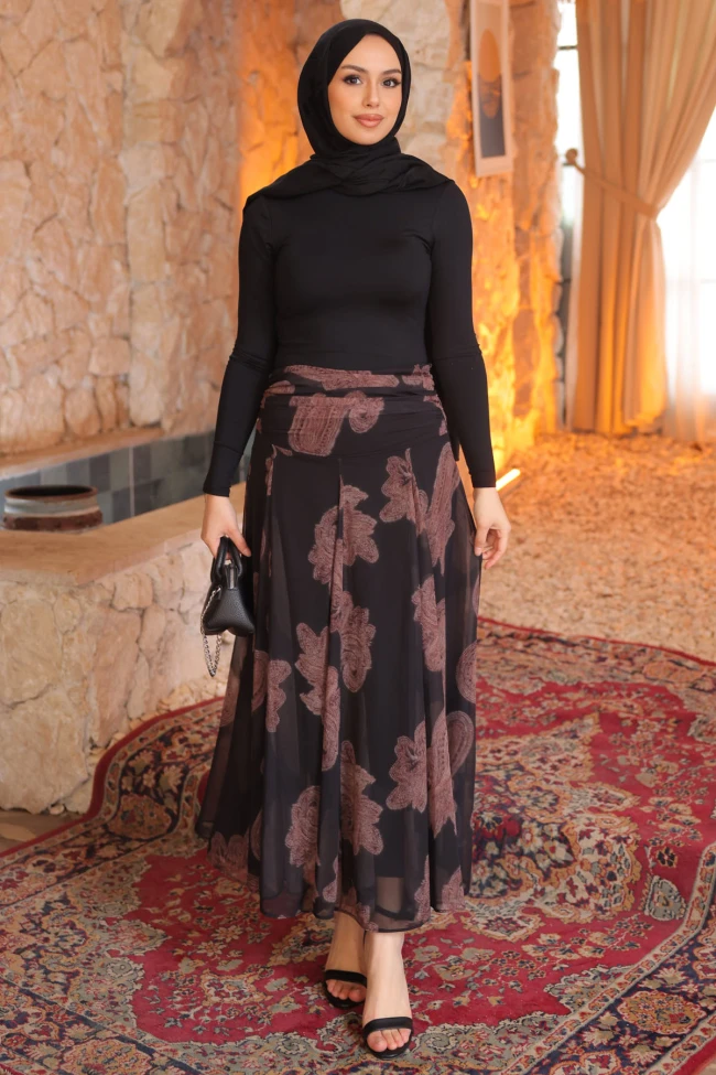 Siyah Desenli Beli Büzgü Detaylı İçi Astarlı Şifon Etek