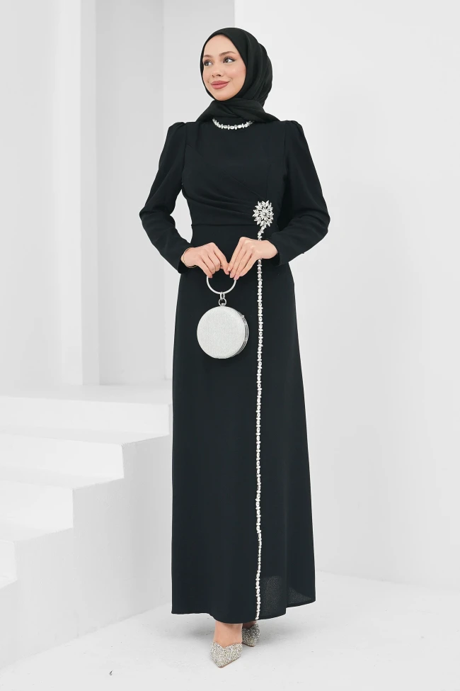 Siyah Drapeli Taş Detaylı Abiye