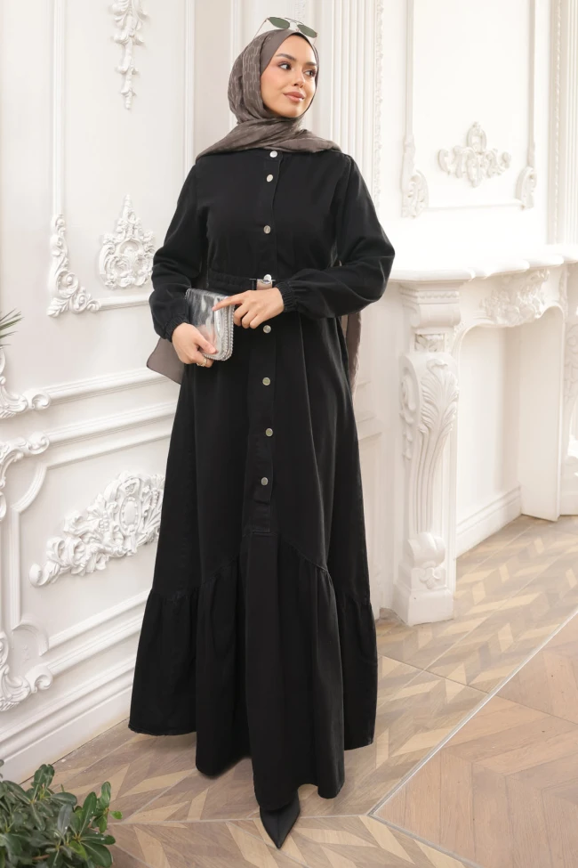 Siyah Düğmeli Lastik Kemerli Kot Elbise