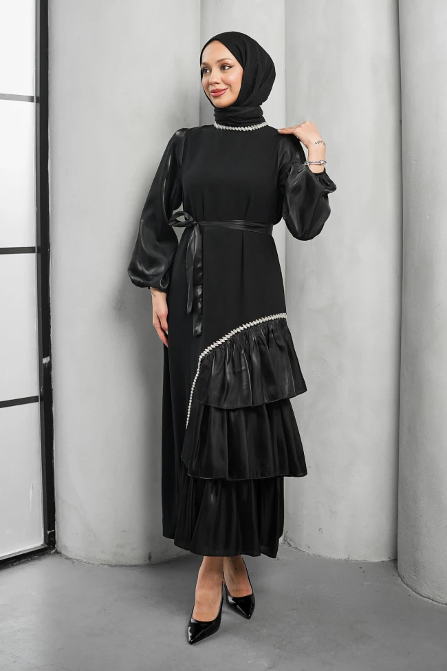 Siyah Fırfır Detay Organze Taş İşleme Abiye