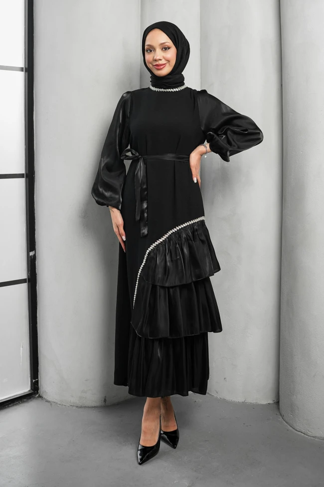 Siyah Fırfır Detay Organze Taş İşleme Abiye