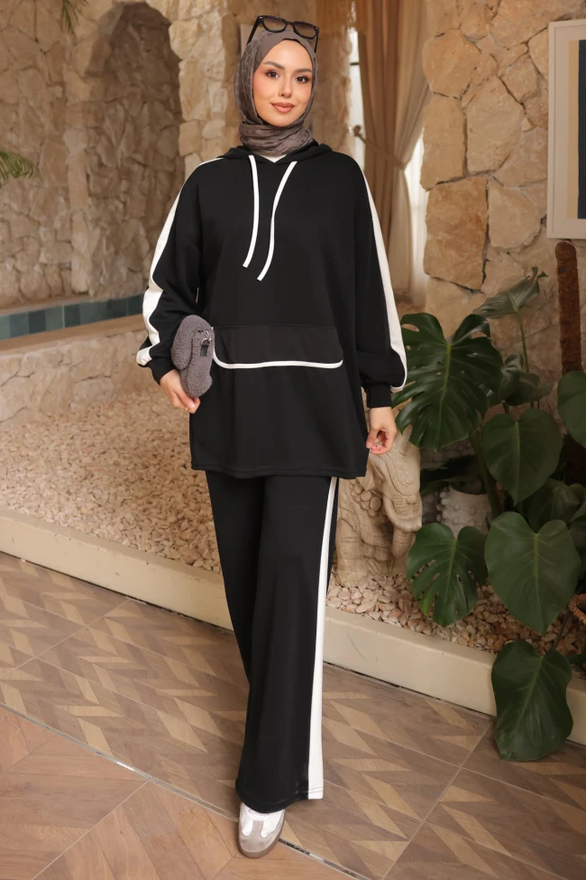 Siyah Kapüşonlu Renk Bloklu Tunik Pantolonlu Takım