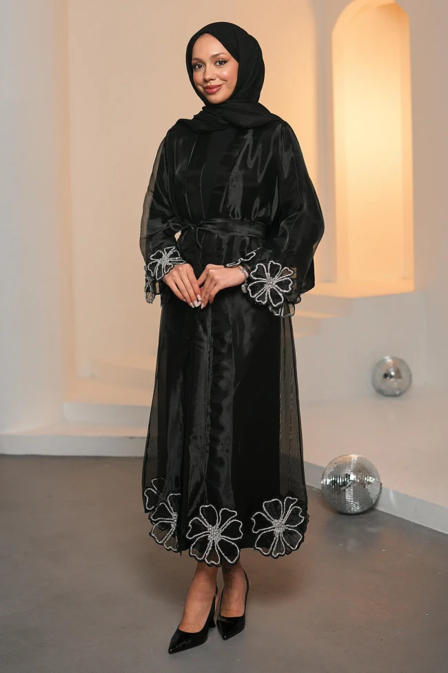 Siyah Kol Ve Etek Ucu Taşlı Abaya Takım