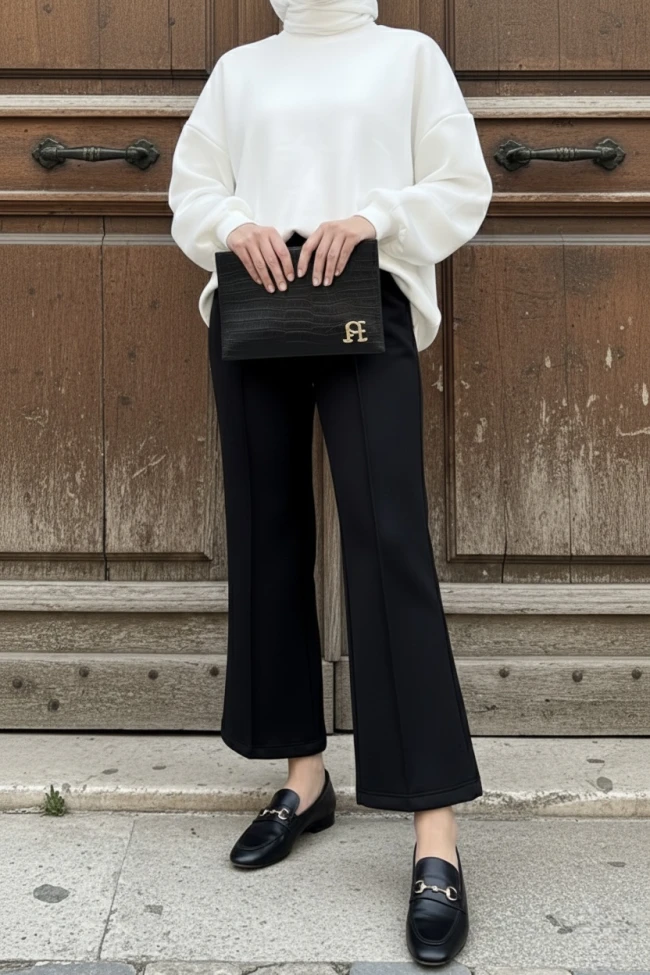 Siyah Önden Dikişli Scuba Pantolon