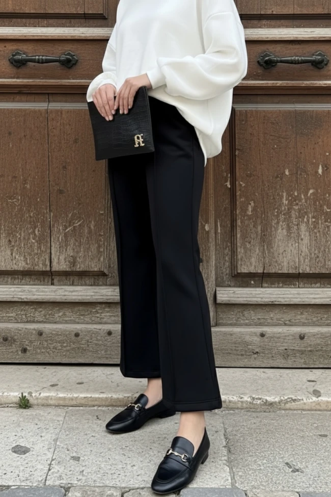 Siyah Önden Dikişli Scuba Pantolon