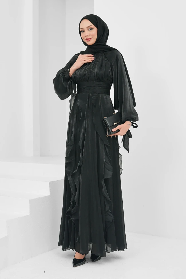 Siyah Önü Drapeli Kol Bağlamalı Abiye