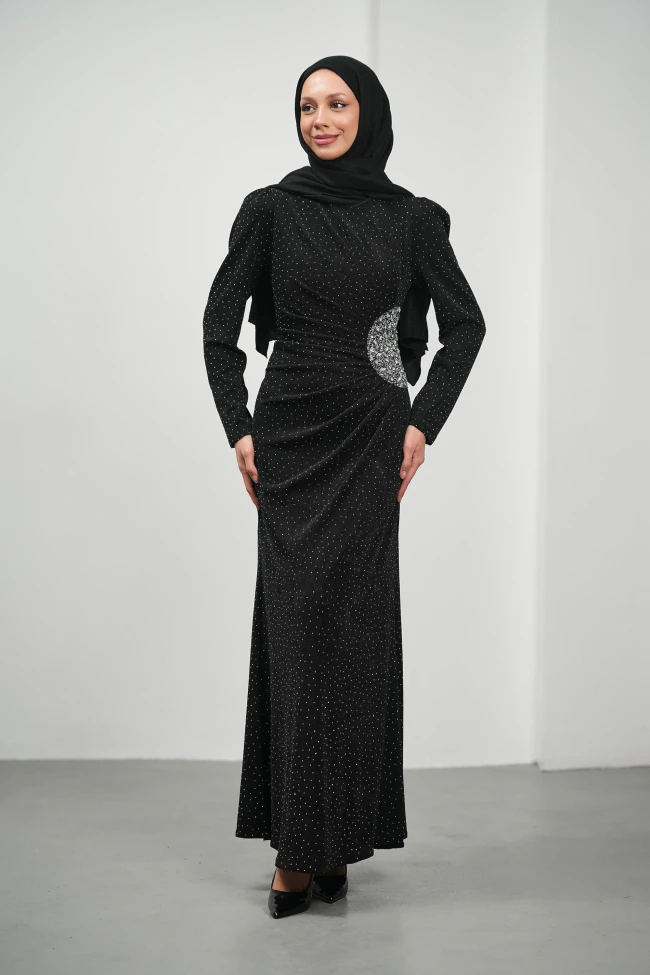 Siyah Önü Drapeli Taşlı Abiye