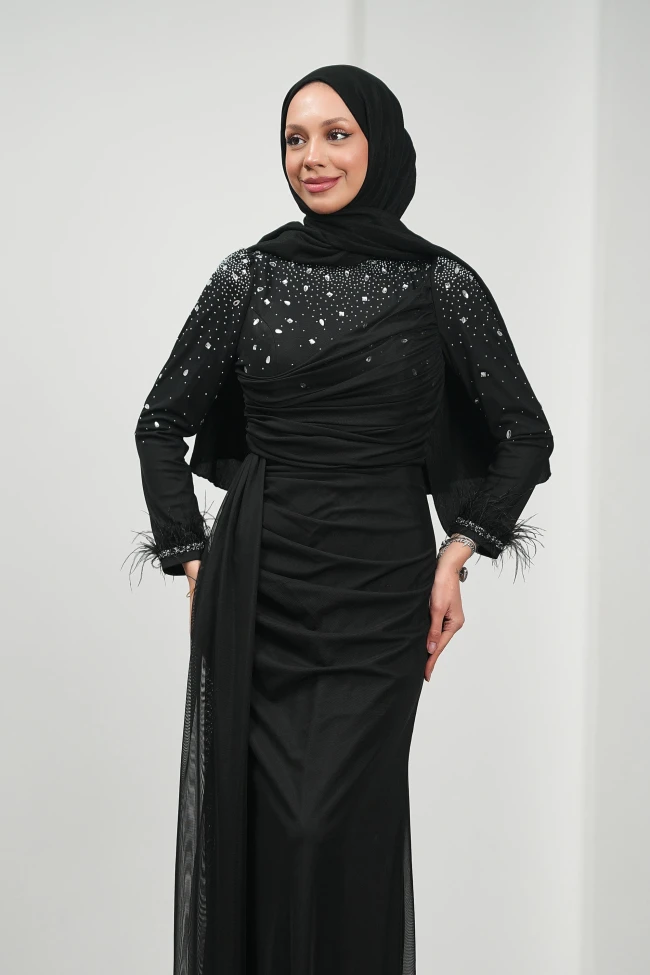 Siyah Önü Drapeli Taşlı Abiye