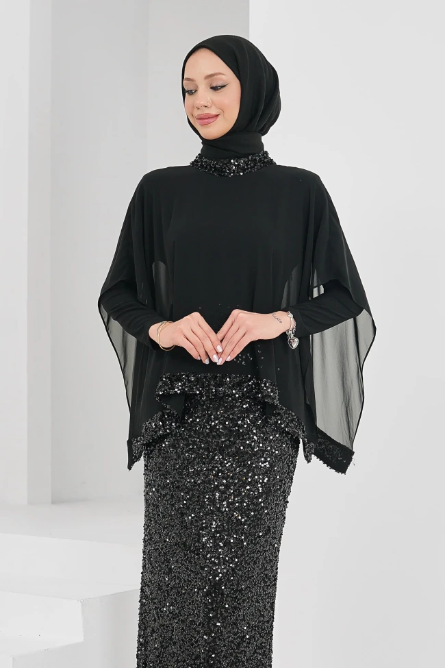 Siyah Pul Payetli Üstü Şifon Detaylı Abiye