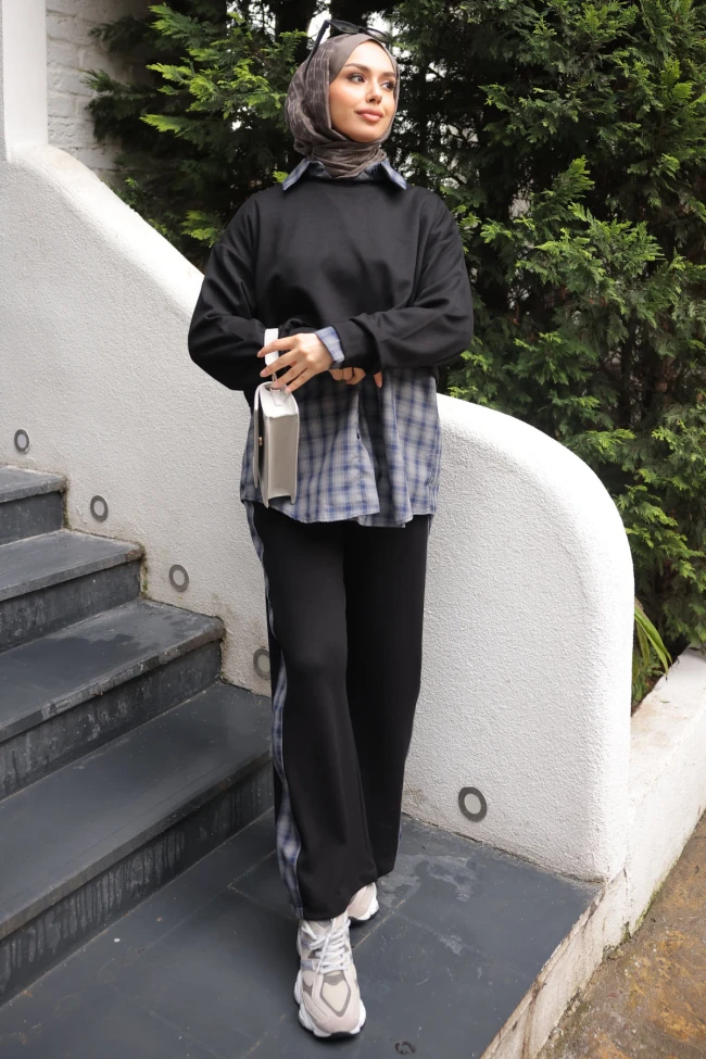 Siyah Sweat Gömlek Pantolonlu 3'lü Kombim Takım