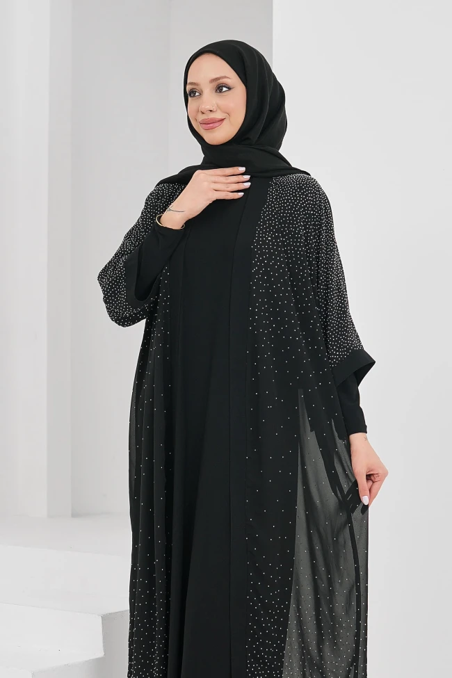 Siyah Taş Detaylı İkili Abaya Takım
