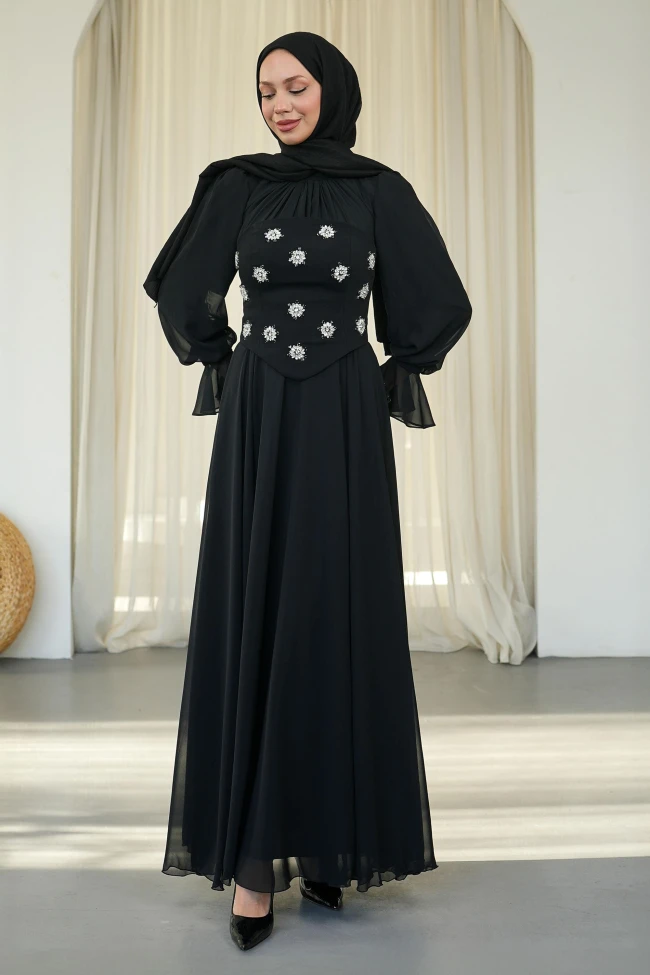 Siyah Taş İşlemeli Büstiyerli Abiye