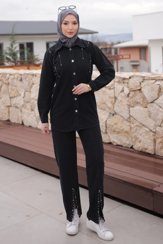 Siyah Taşlı Ceket Pantolonlu Kot Takım