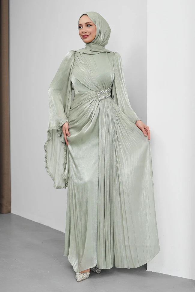 Su Yeşili Bel Taşlı Şifon Abiye