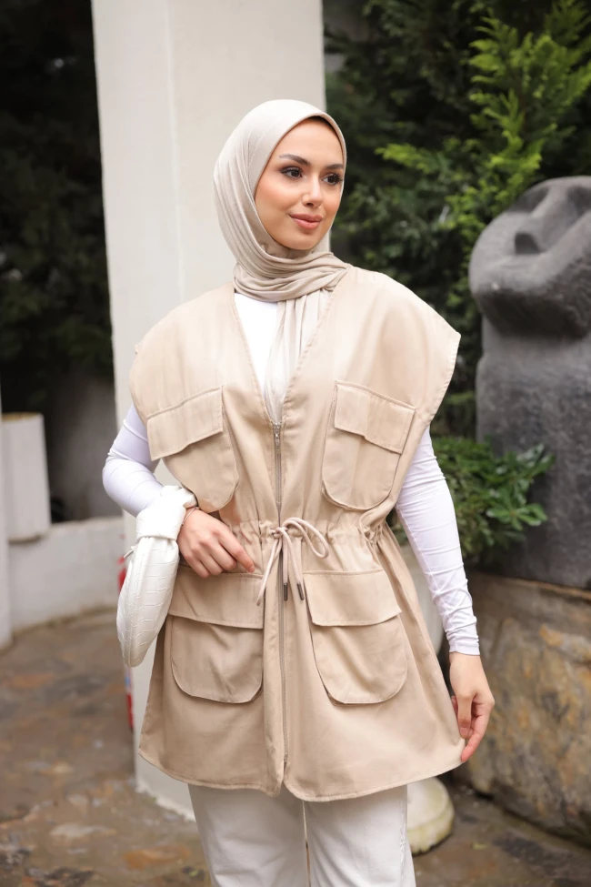 Taş Bel Bağlamalı Cepli Astarlı Gabardin Yelek