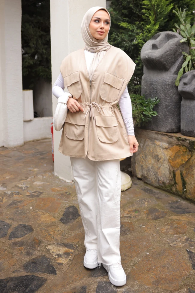 Taş Bel Bağlamalı Cepli Astarlı Gabardin Yelek