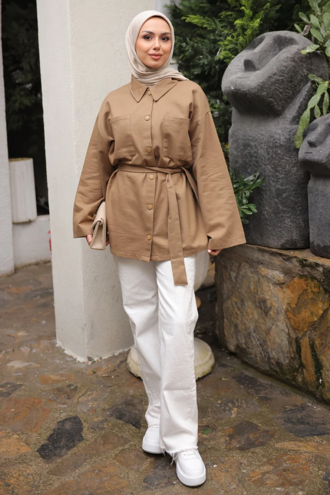 Vizon Çıçıtlı Cepli Oversize Gabardin Gömlek