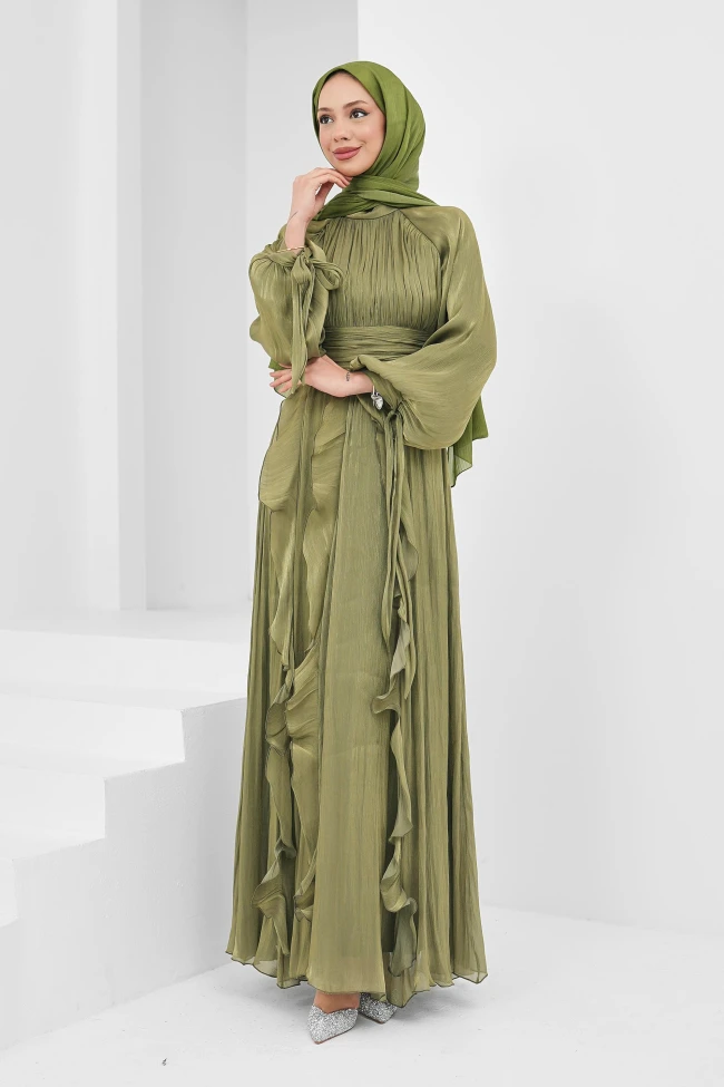 Yağ Yeşili Önü Drapeli Kol Bağlamalı Abiye
