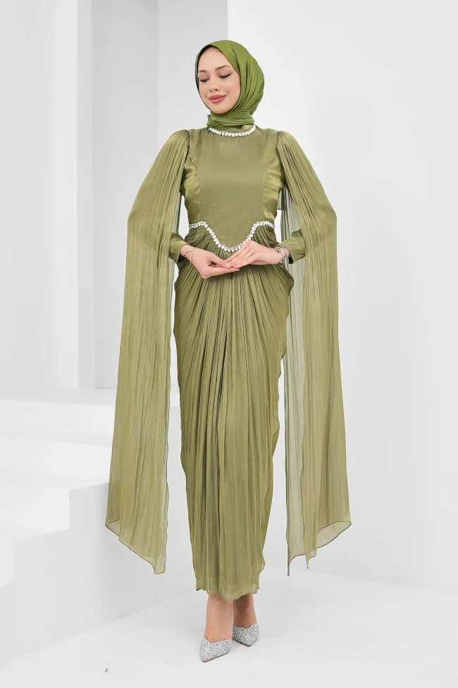 Yağ Yeşili Önü Drapeli Taşlı Abiye