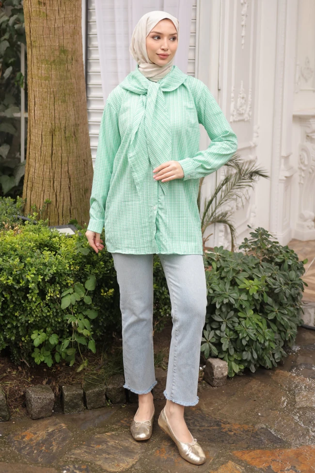 Yeşil Yaka Detaylı  Pötikareli Tunik Gömlek