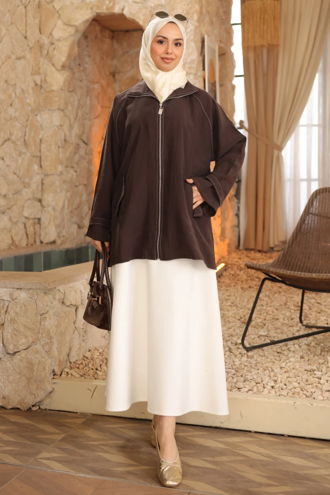 Acı Kahve Kol Apolet Detaylı Fermuarlı Ceket