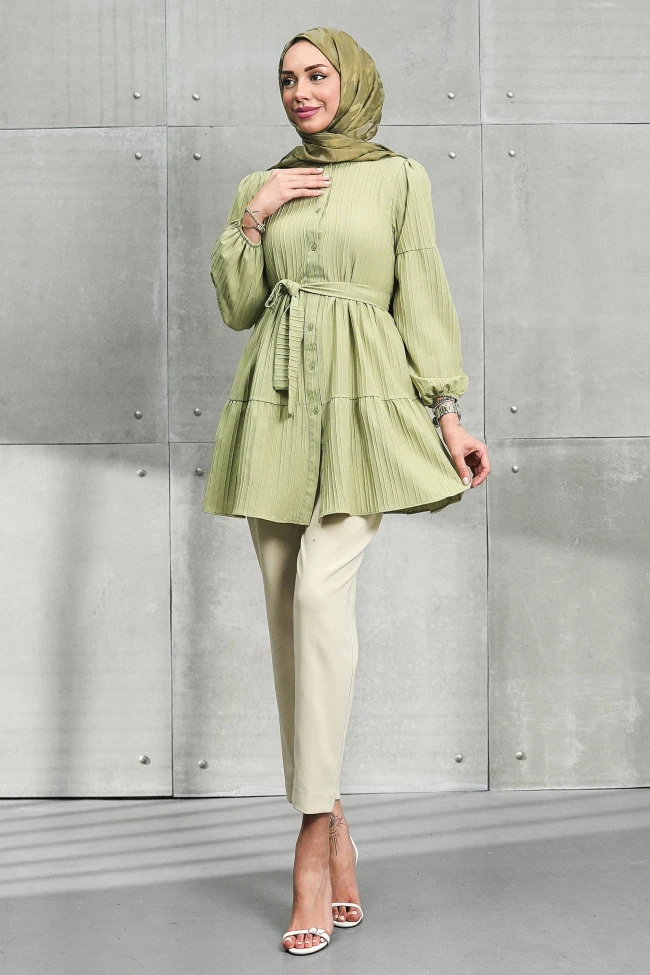 Açık Haki Kol Lastikli Eteği Katlı Tunik