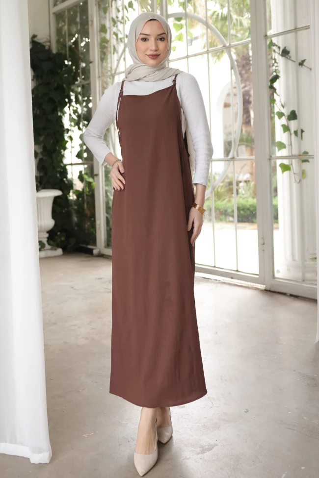 Açık Kahve İp Askılı Jile Elbise