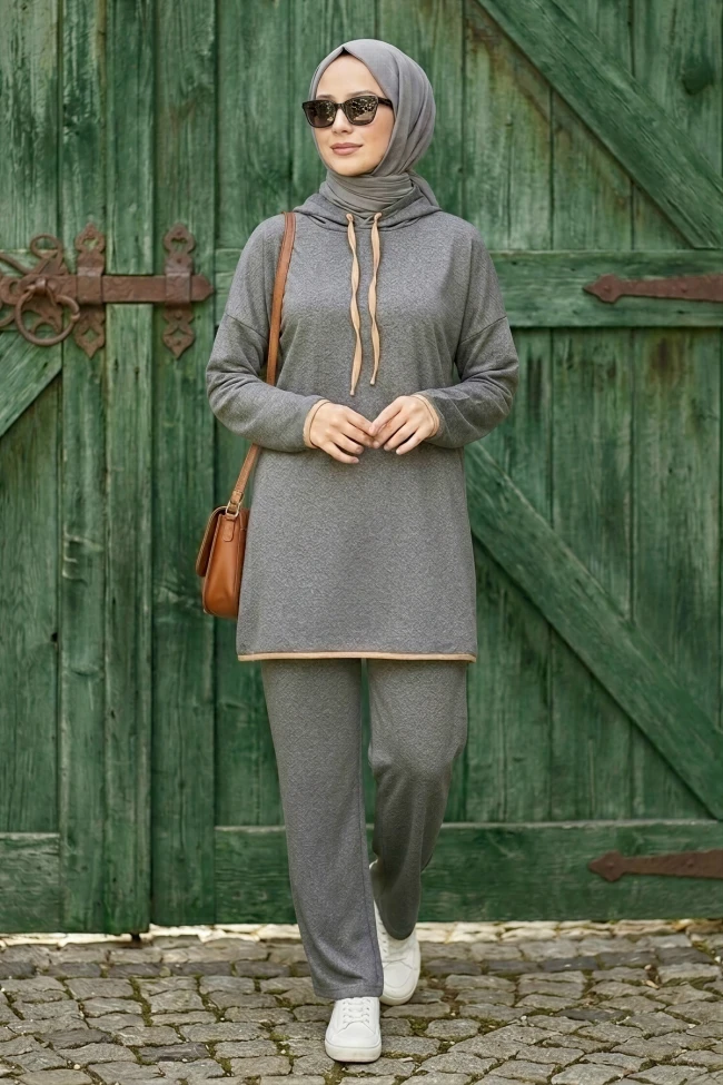 Antrasit Kapüşonlu Tunik Pantolonlu Takım