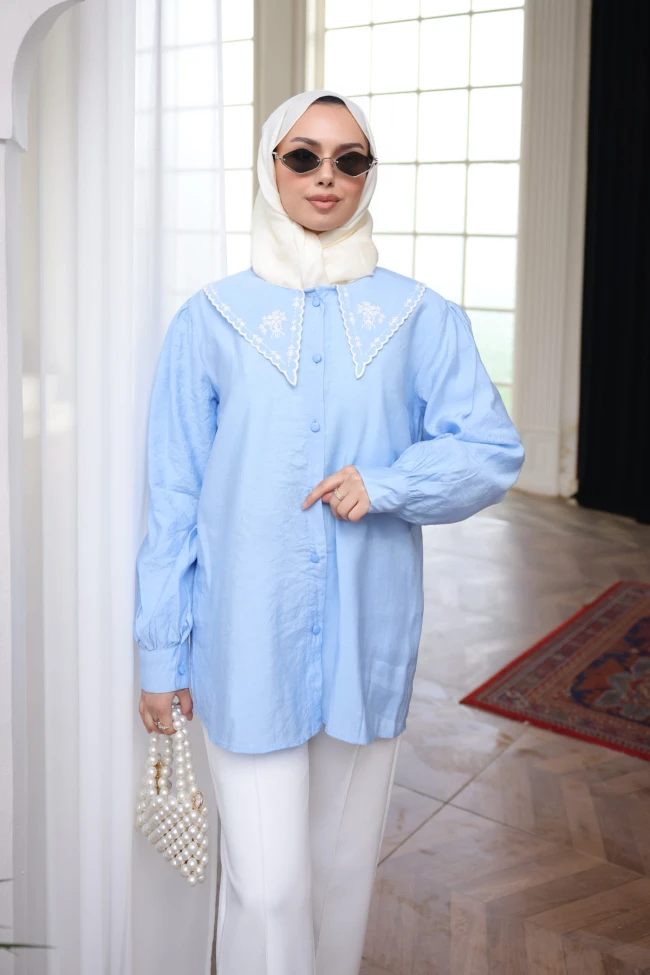 Bebe Mavi NFC-5345 Yaka Nakışlı Düğmeli Gömlek