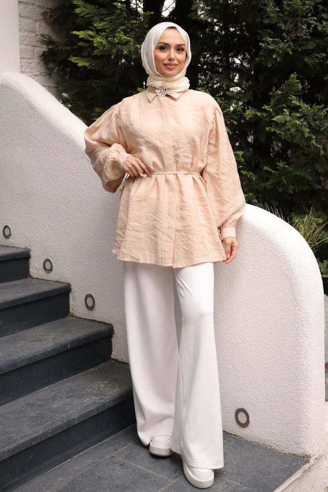 Bej Bel Bağlamalı Broşlu Modal Tunik