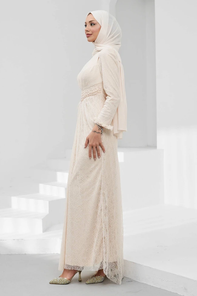 Bej Bel Detaylı Balık Model Güpürlü Abiye