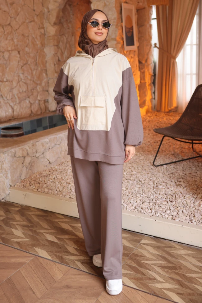 Bej Garnili Tunik Pantolonlu Modal Takım