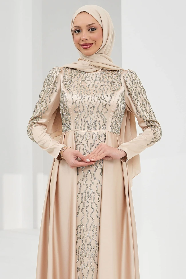 Bej Önü Taşlı Saten Abiye