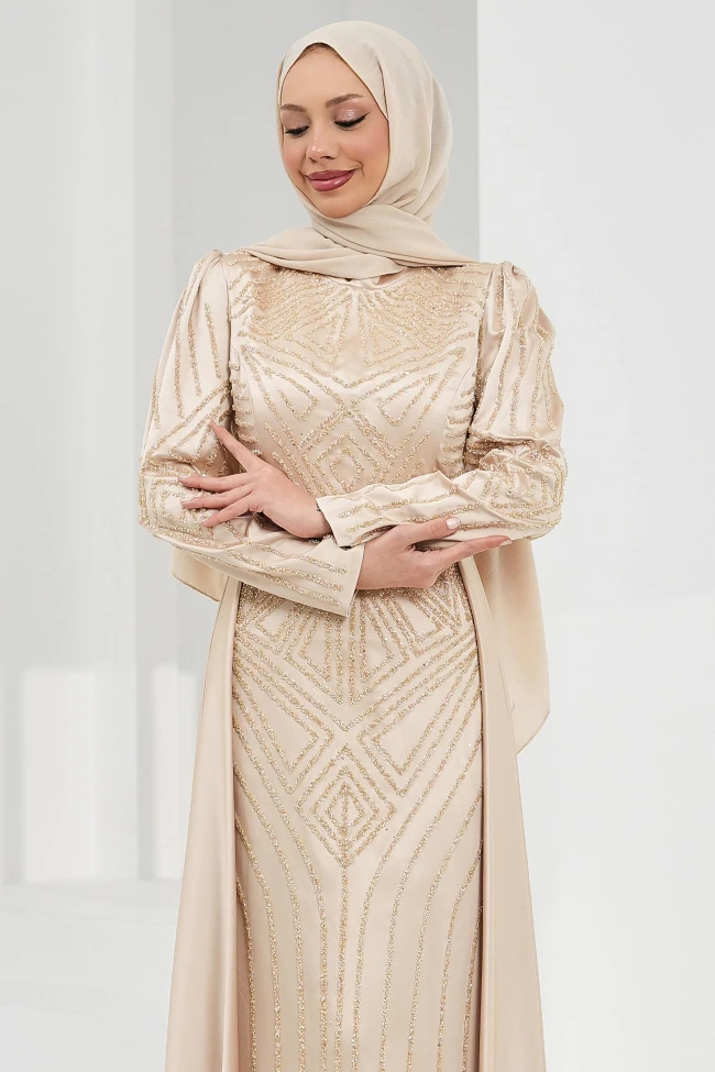 Bej Önü Taşlı Saten Abiye